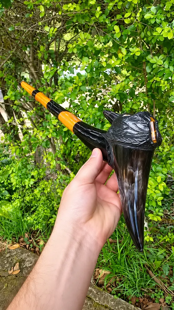 Cachimbo entalhado com cabeça de ave, segurado na mão